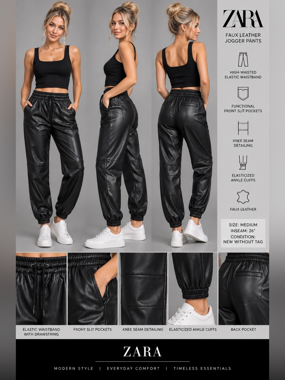 Zara Black Faux Leather High Rise Jogger Pants Size M Elastic Waist 26” Inseam